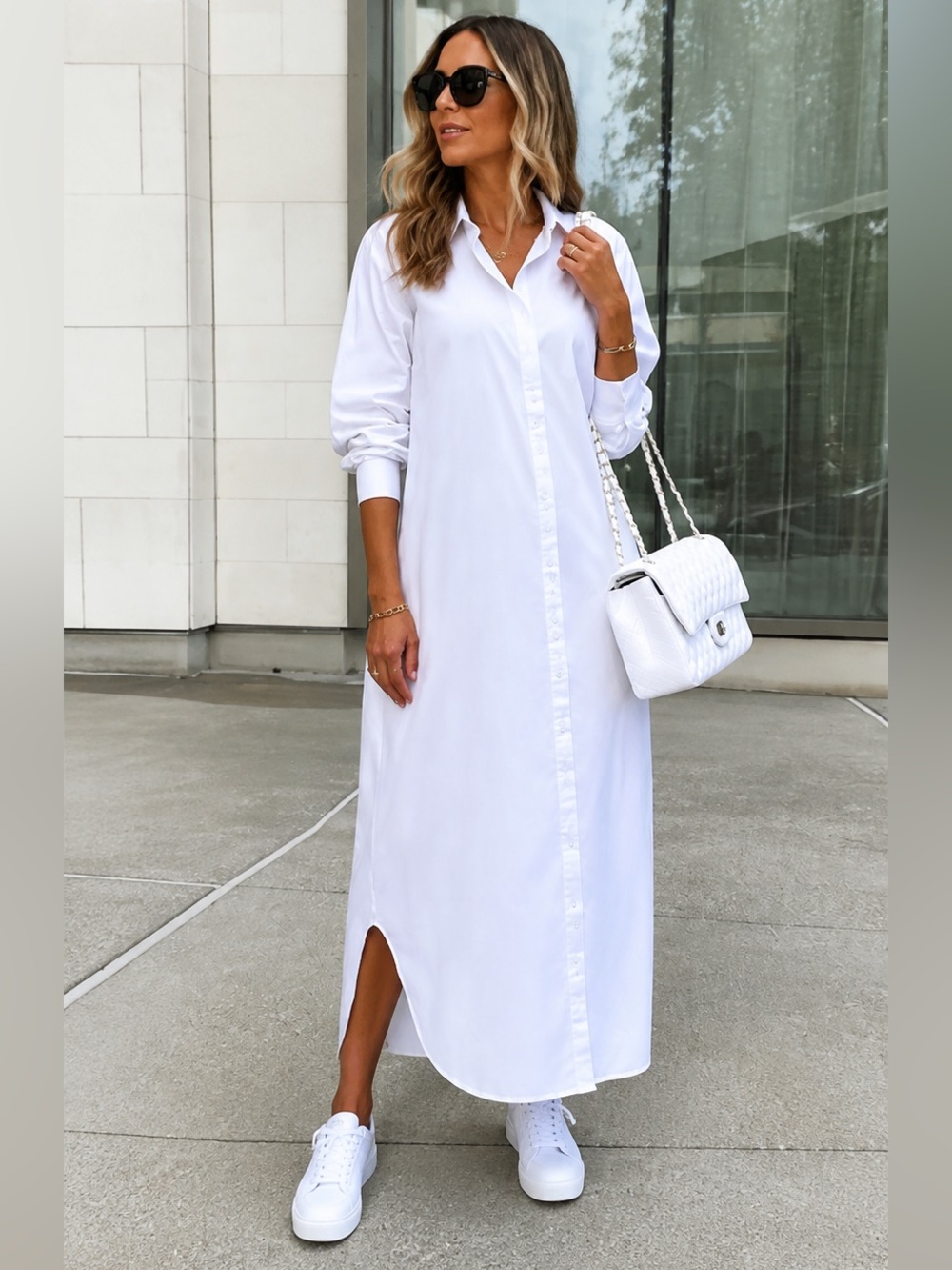 White Button-Front Shirt Dress